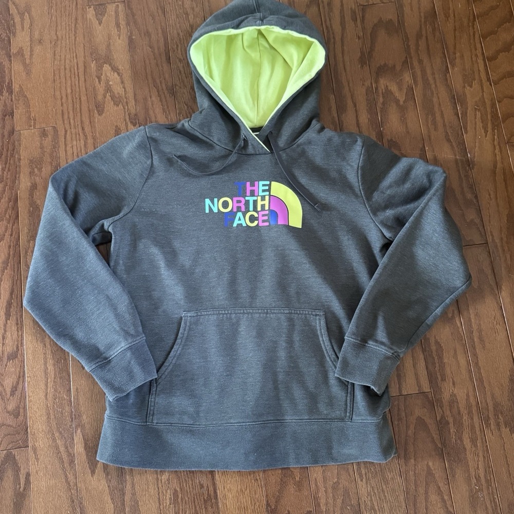 The North Face Womens Hoodie Large Gray Pullover Logo Sweatshirt Pocket